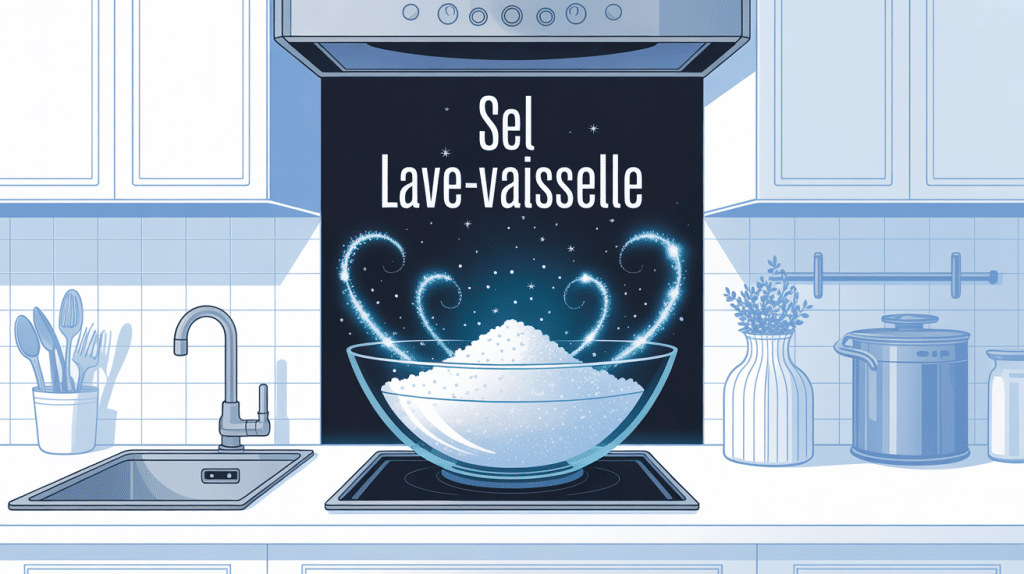illustration sel lave vaisselle, cristaux et machine ouverte