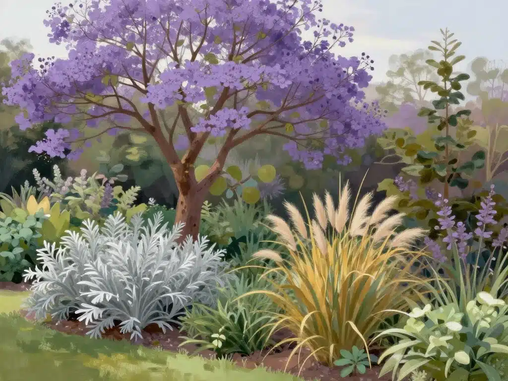 arbres à fleurs violettes entourés de plantes décoratives variées