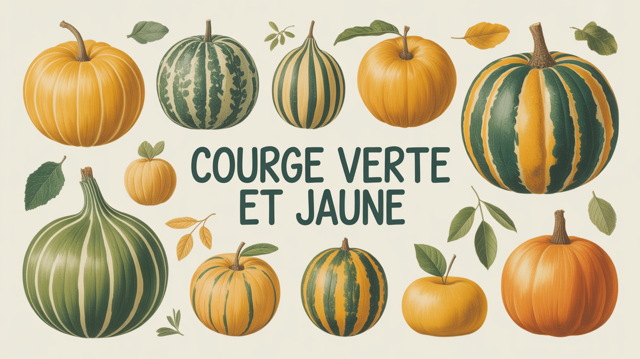 Illustration courge verte et jaune étal automnal