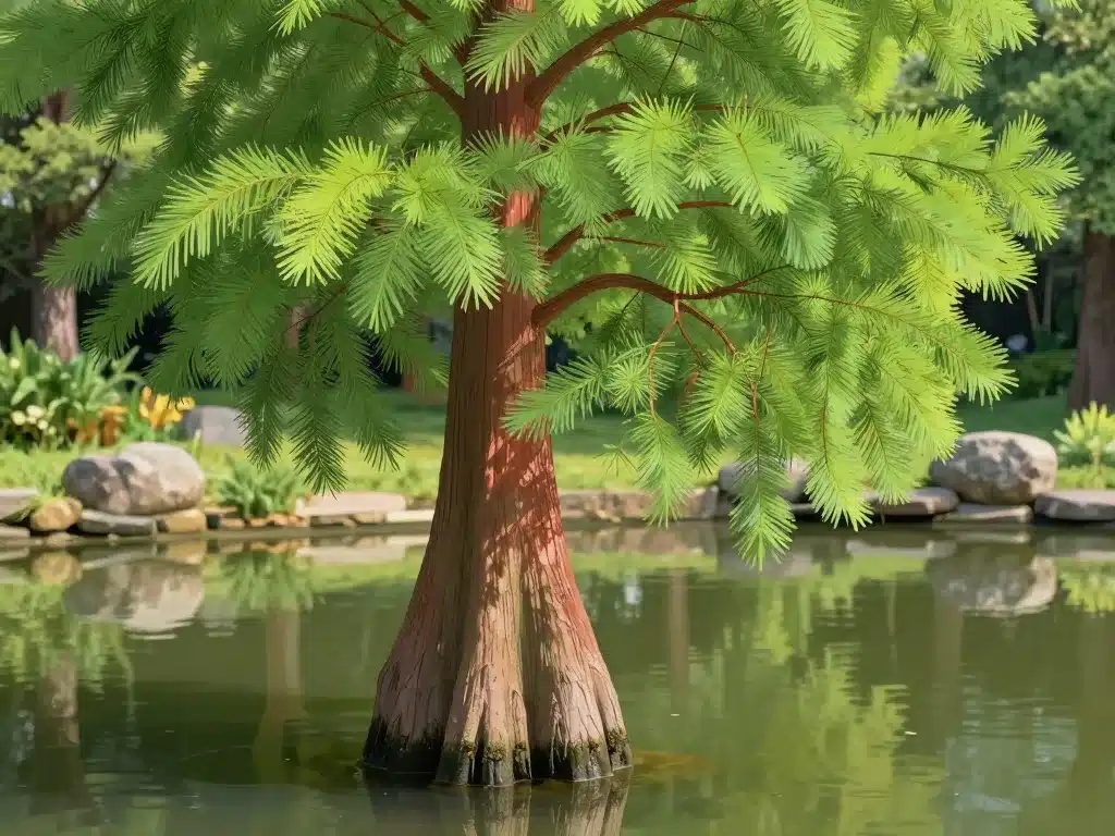 cyprès chauve silhouette feuillage et racines en jardin
