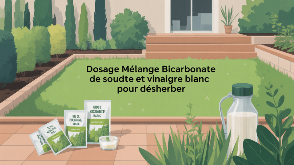 Illustration jardin dosage mélange bicarbonate de soude et vinaigre blanc pour désherber