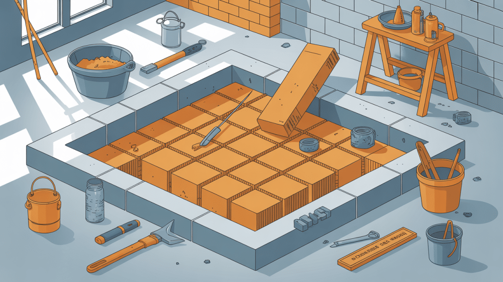 dosage pour une chape de 5 cm vue en coupe avec outils
