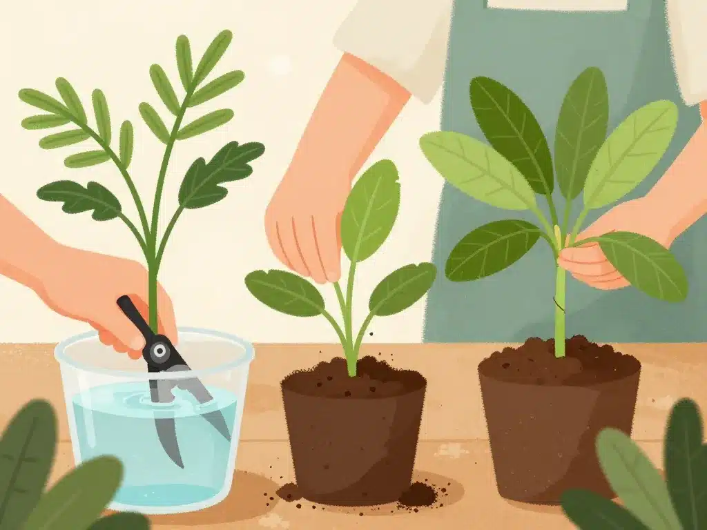 mains taillant et bouturant callisia fragrans avec feuilles saines