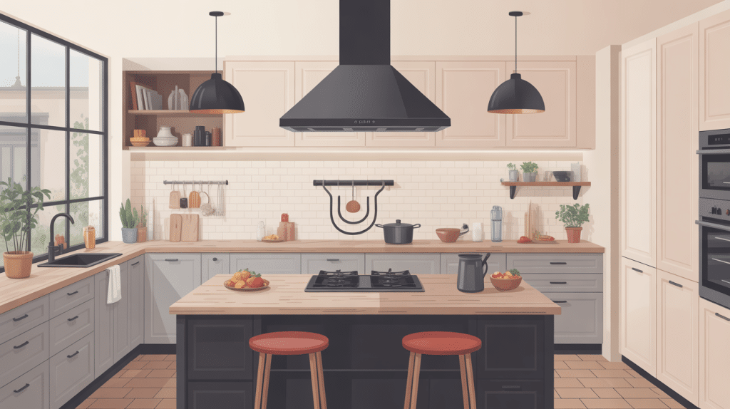 hotte aspirante sur plan de travail dans cuisine ouverte