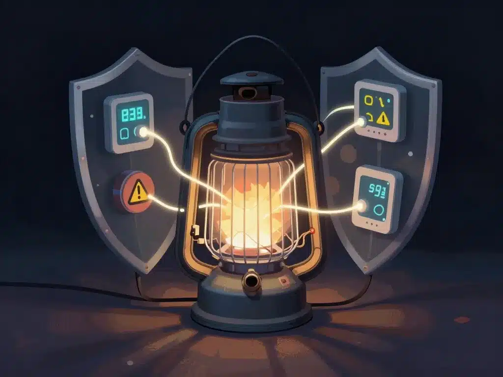 Sécurité panne poêle à pétrole s'éteint au bout de quelques minutes, illustration capteurs et avertissement