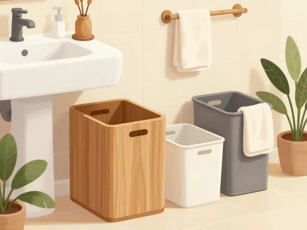 poubelle de salle de bain en bois à côté d’autres modèles