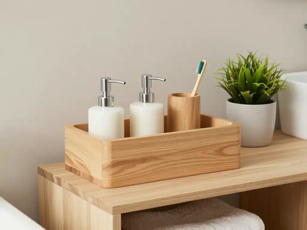 poubelle de salle de bain en bois intégrée dans déco scandinave