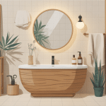 poubelle de salle de bain en bois moderne dans salle de bain zen