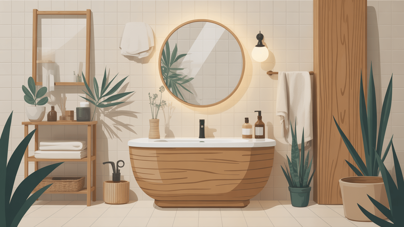 poubelle de salle de bain en bois moderne dans salle de bain zen
