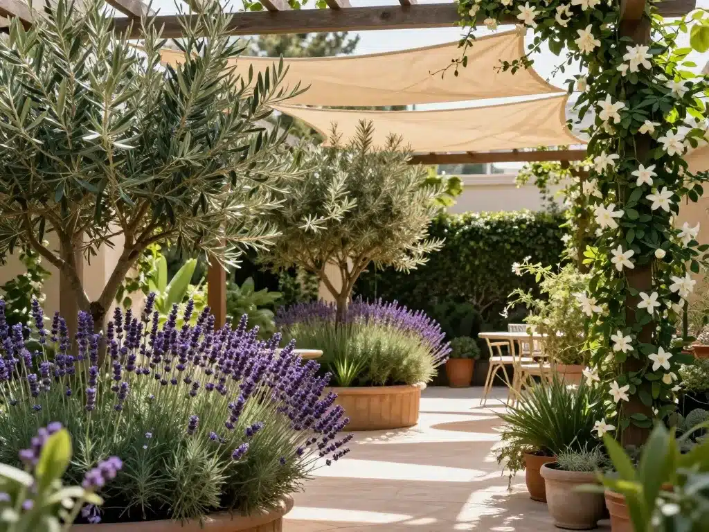 illustration terrasse d'été oasis avec plantes et ombre