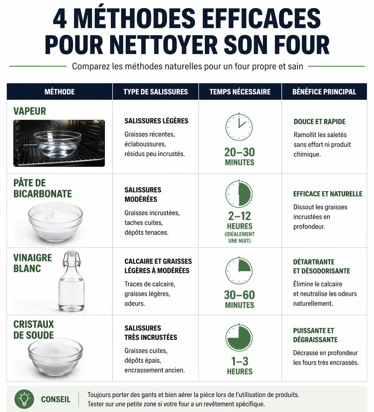 Tableau comparatif des méthodes naturelles pour nettoyer son four
