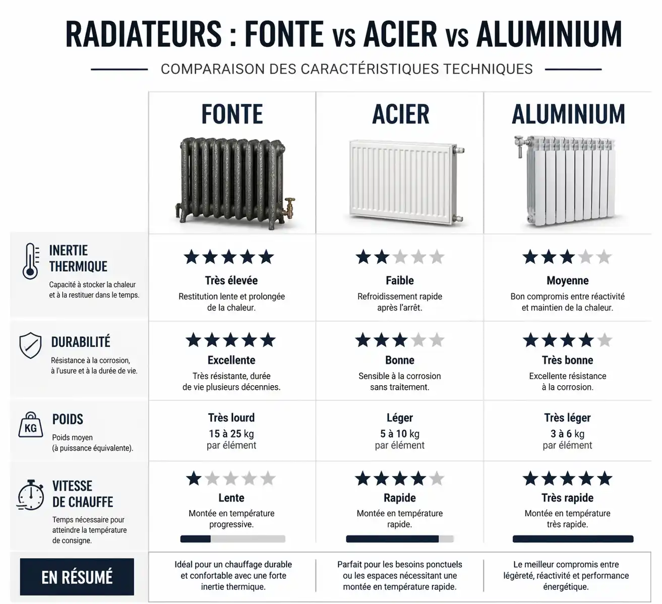 Tableau comparatif des performances thermiques : radiateur fonte, acier et aluminium
