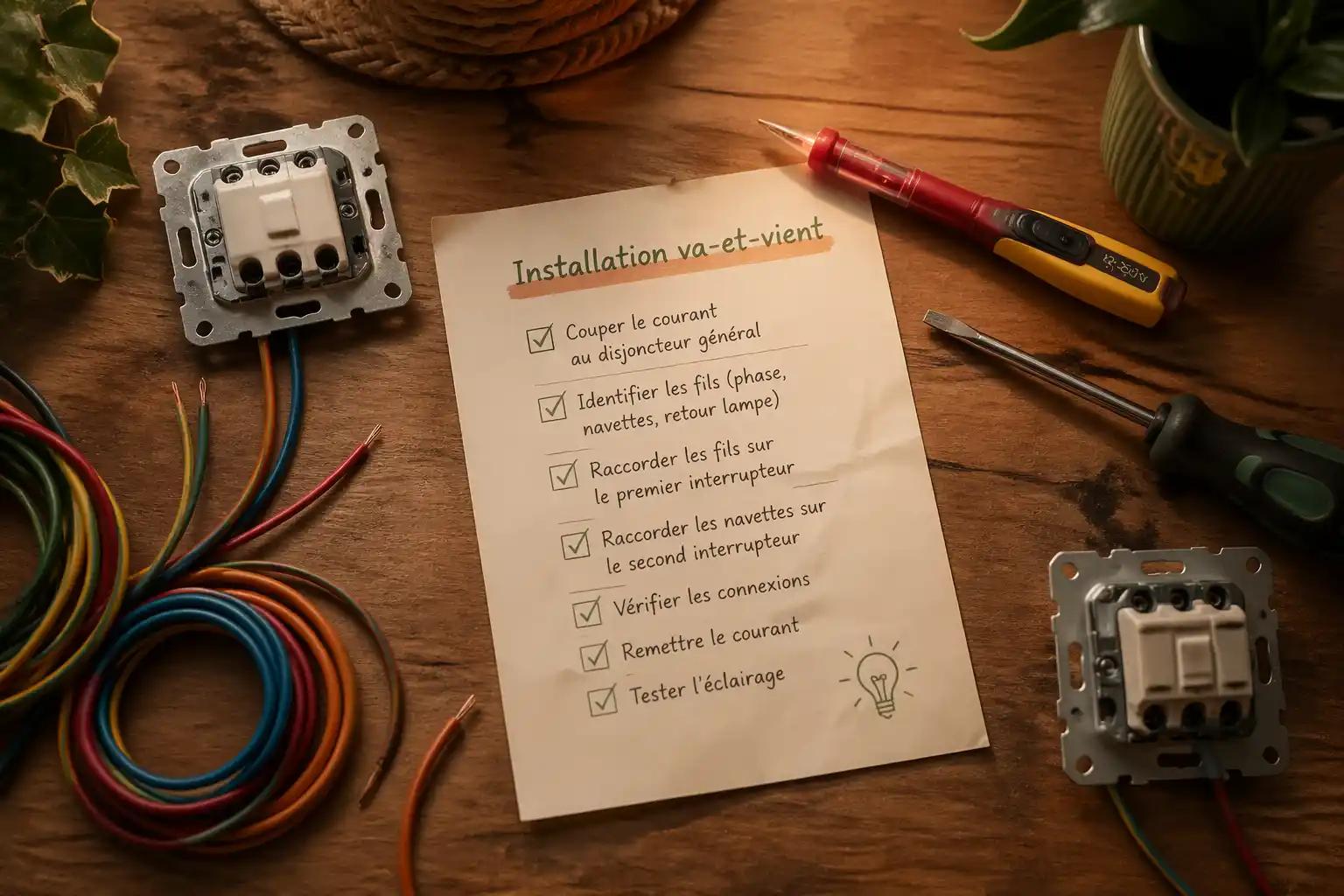 branchement va et vient sur plan de travail avec outils