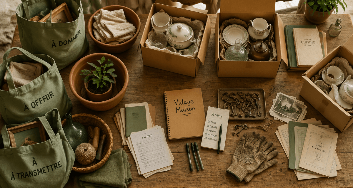 Vidage maison table tri objets cartons