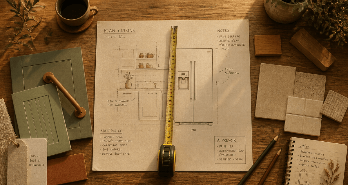 comment intégrer un frigo américain dans une cuisine, plan de travail et échantillons