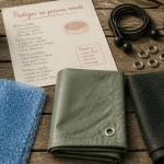 échantillons couverture piscine ronde sur table avec accessoires