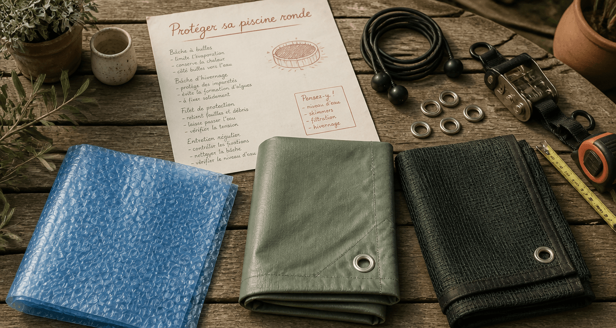 échantillons couverture piscine ronde sur table avec accessoires