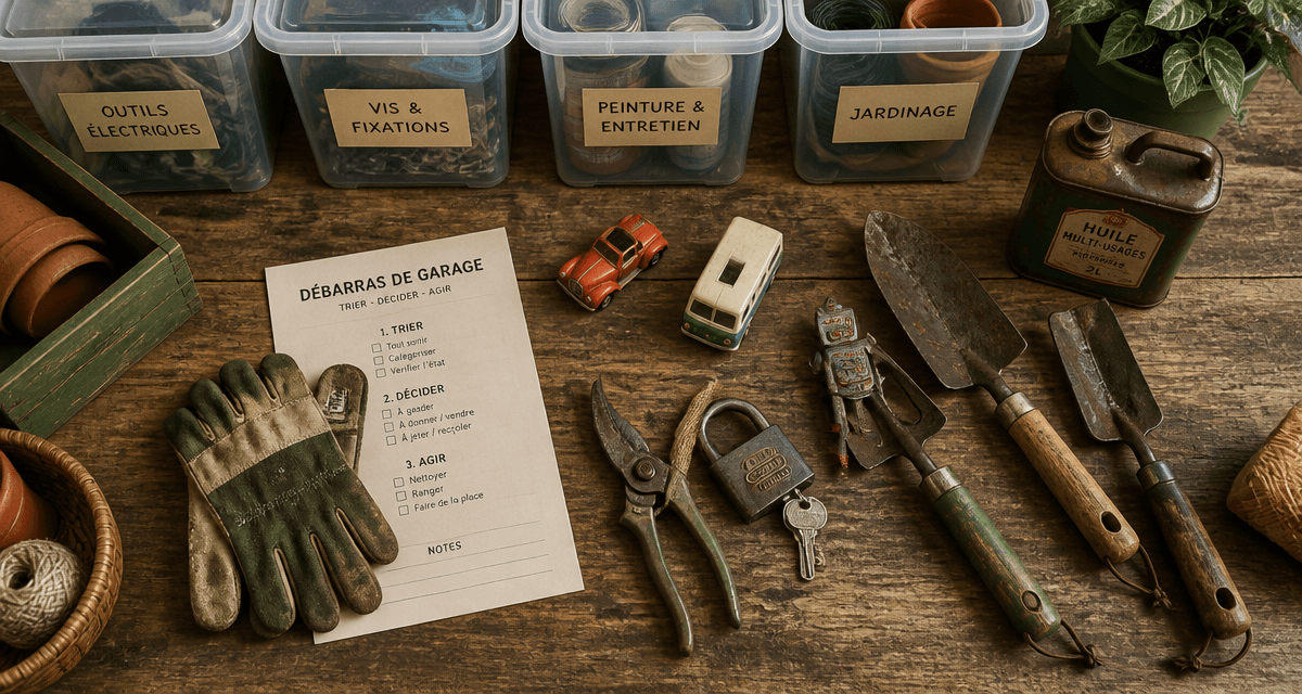 débarrasser un garage objets triés sur établi