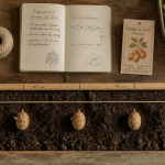 distance plantation pomme de terre sur terre sombre avec outils