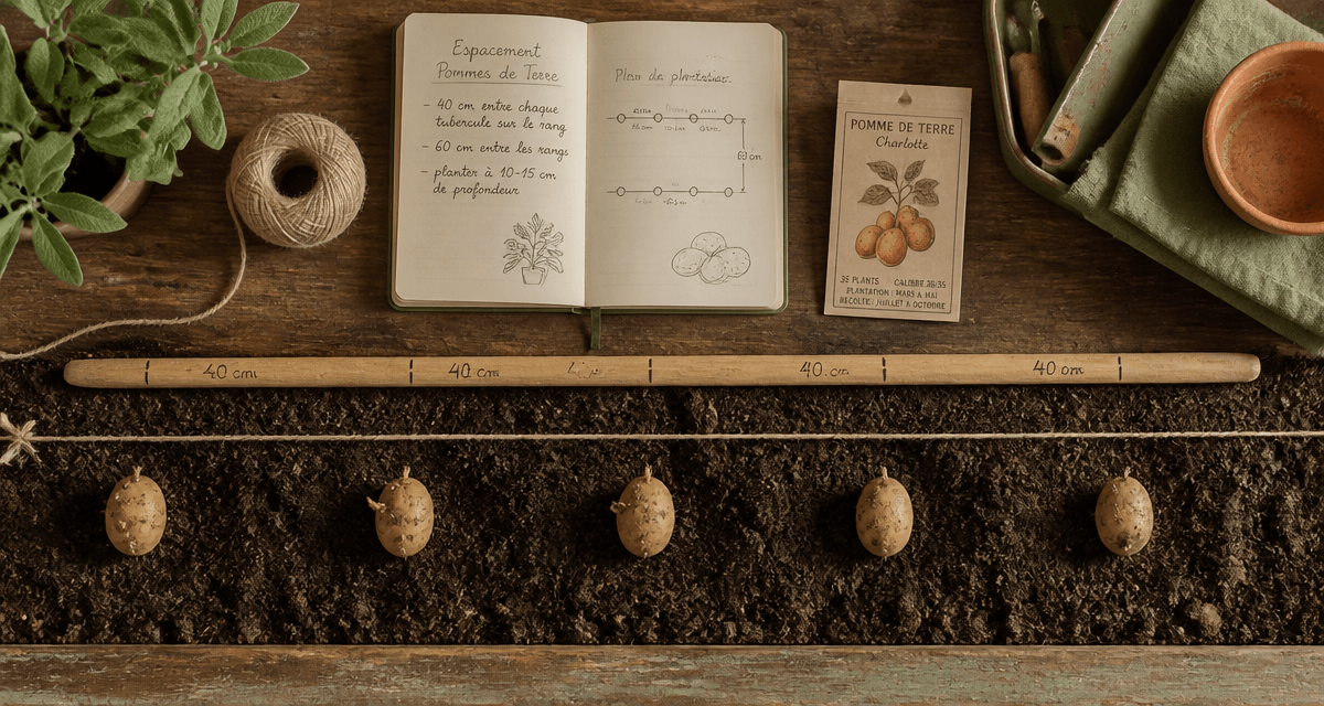 distance plantation pomme de terre sur terre sombre avec outils