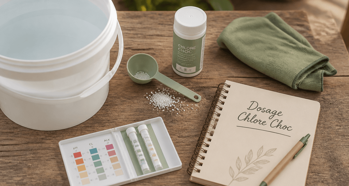 Dosage chlore choc piscine par m3 sur table avec seau, granulés et test