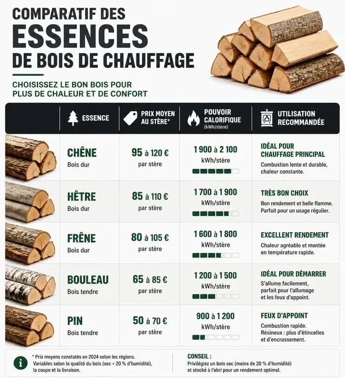 Infographie comparative des prix et rendements des essences de bois de chauffage au stère