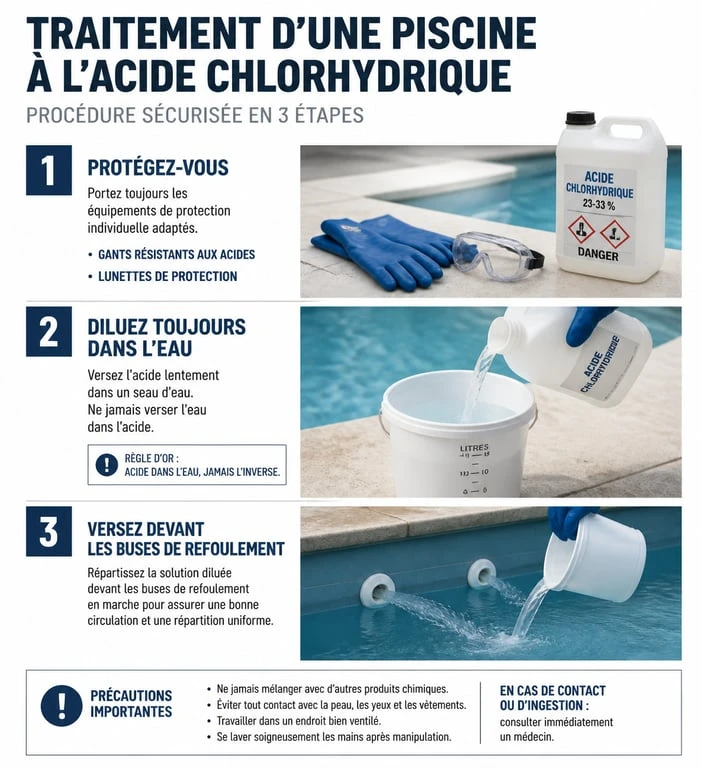 Infographie sécurité dosage acide chlorhydrique piscine eau verte