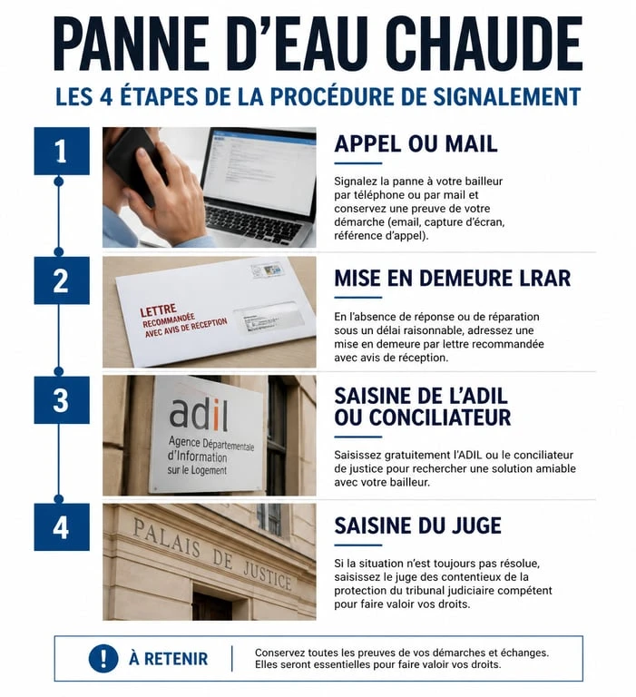 Infographie des étapes de procédure pour dédommagement absence eau chaude
