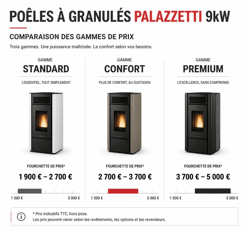Infographie comparative des prix des poêles à granulés Palazzetti 9kW par gamme