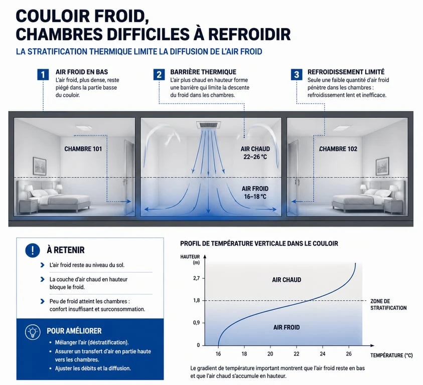 Schéma de circulation de l'air d'une climatisation dans un couloir pour refroidir les chambres