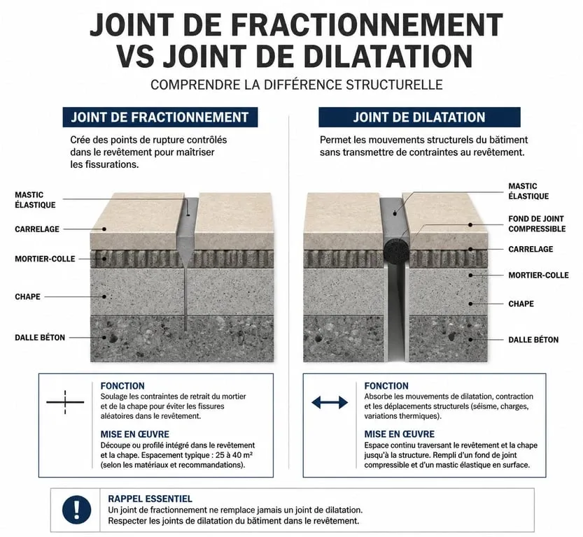 Schéma technique comparatif entre joint de fractionnement et joint de dilatation pour carrelage