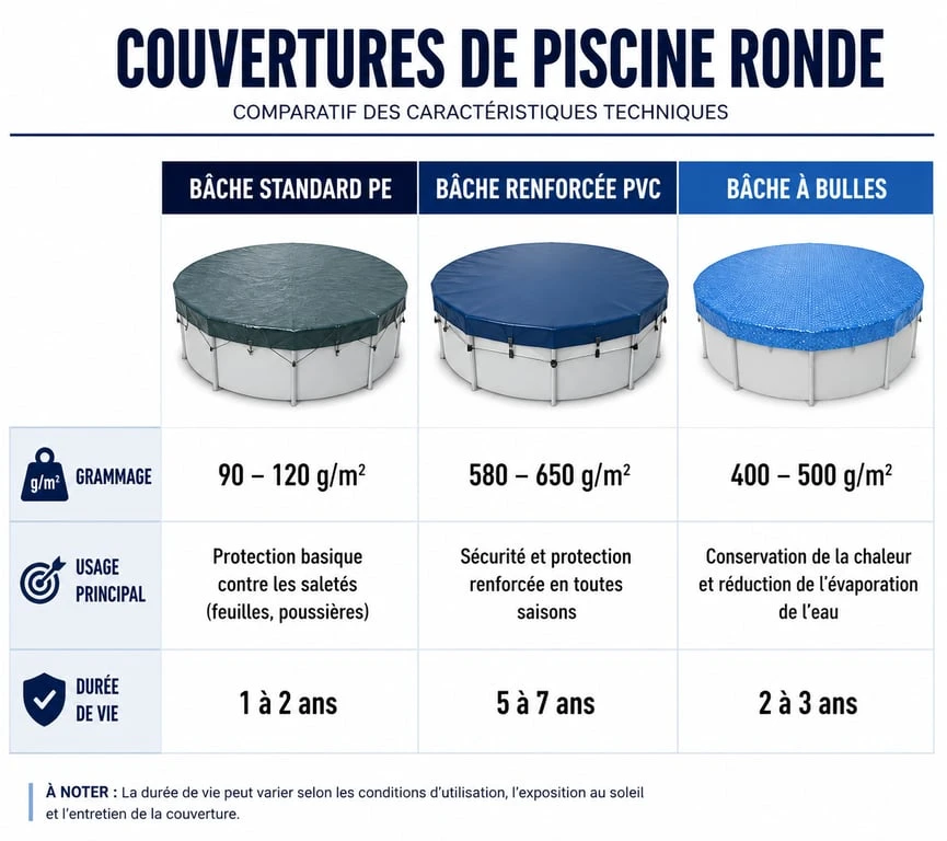 Infographie comparative des caractéristiques techniques et durées de vie des couvertures pour piscine ronde