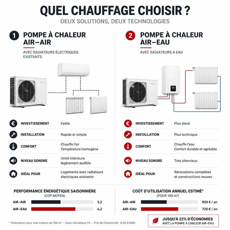 Comparatif installation pompe à chaleur avec radiateur électrique : air-air vs air-eau
