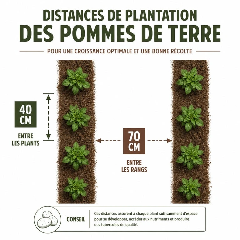 Schéma illustrant la distance de plantation des pommes de terre pour un potager optimisé
