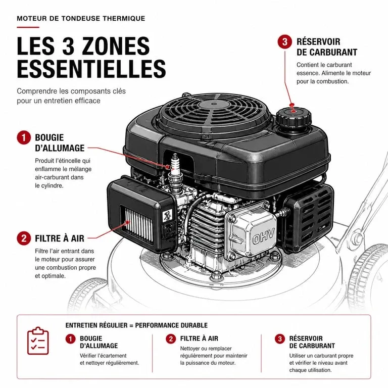 Schéma des composants principaux d'une tondeuse à gazon pour diagnostiquer une panne : bougie, filtre à air et carburateur.
