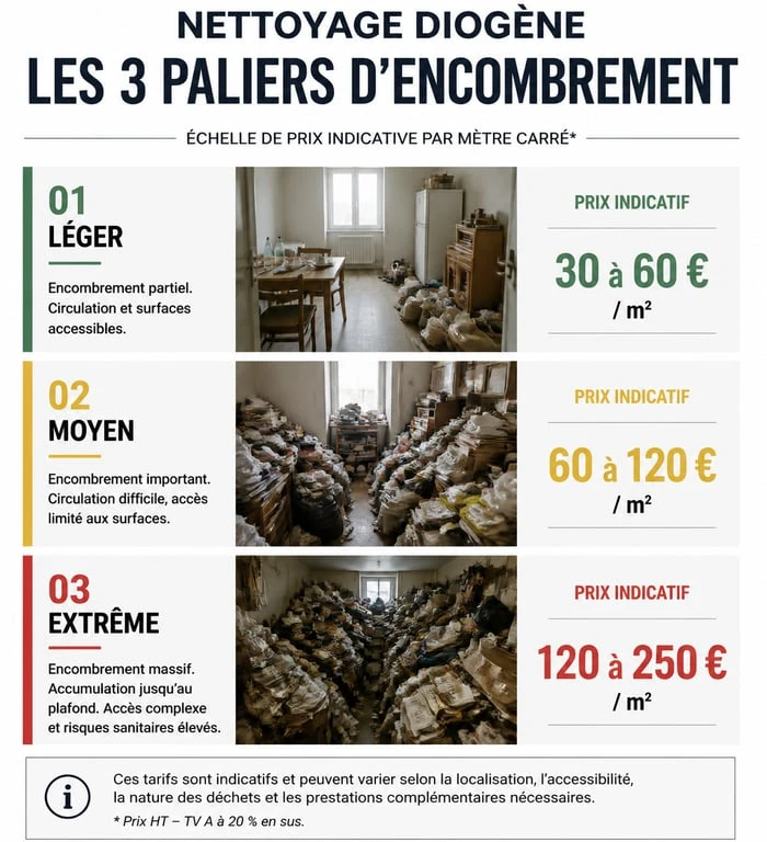 Infographie des tarifs de nettoyage Diogène selon le niveau d'encombrement