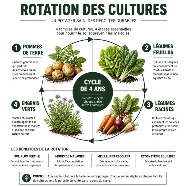 Infographie sur la rotation des cultures après les pommes de terre au potager