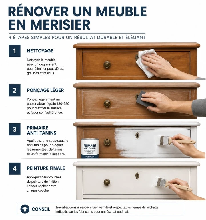 Étapes pour peindre un meuble en merisier : préparation, ponçage et mise en peinture