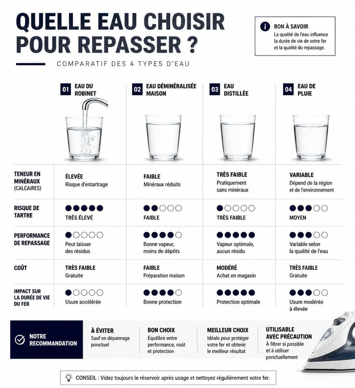 Tableau comparatif des différents types d'eau pour fer à repasser : eau du robinet, déminéralisée, distillée et eau de pluie pour éviter le calcaire