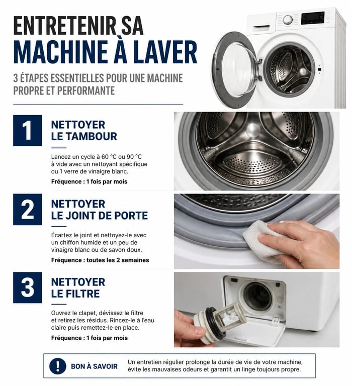 Infographie des étapes d'entretien et de nettoyage du tambour de machine à laver