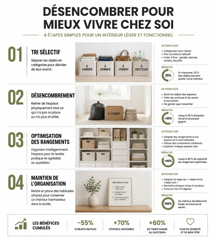 Infographie des 4 étapes pour une aide au rangement maison efficace et un intérieur désencombré