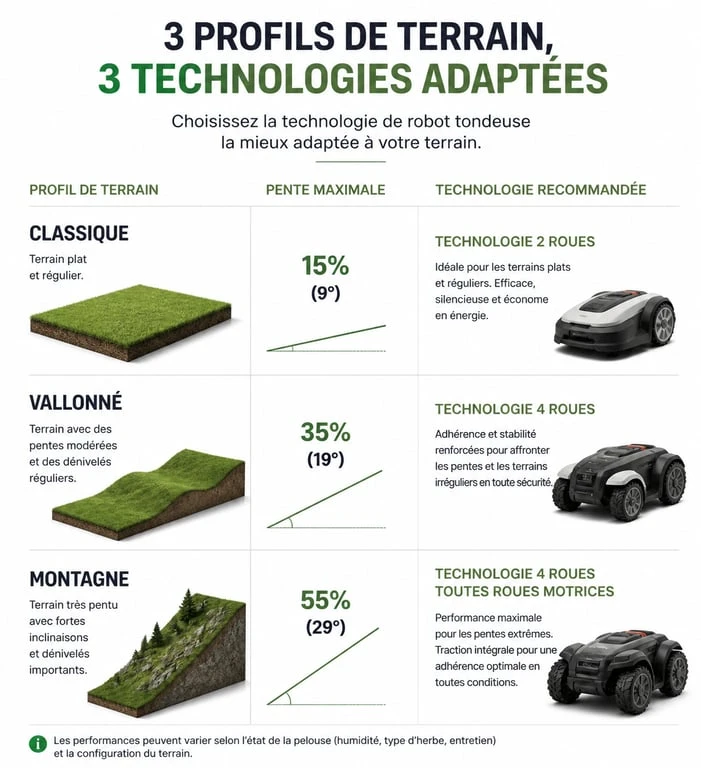 Infographie comparative des robots tondeuses pour terrain accidenté selon la pente et le type de sol