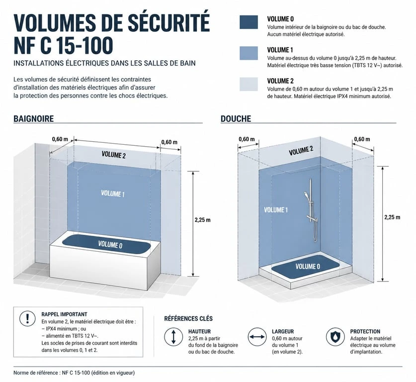 Schéma des volumes de sécurité NF C 15-100 pour l'installation d'un radiateur dans une salle de bain