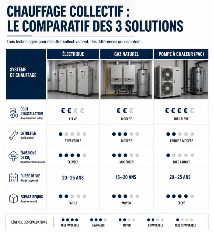Comparatif des systèmes de chauffage électrique collectif, gaz et pompe à chaleur pour copropriété
