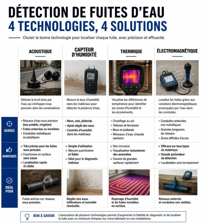 Infographie comparative des technologies de détecteur de fuites d'eau