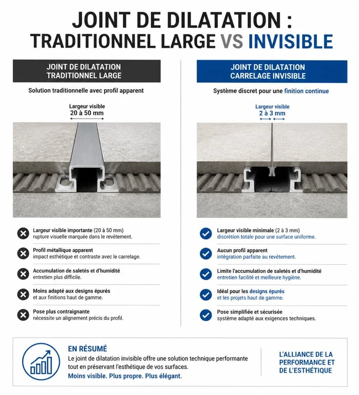 Comparatif visuel entre joint de dilatation carrelage invisible et joint classique