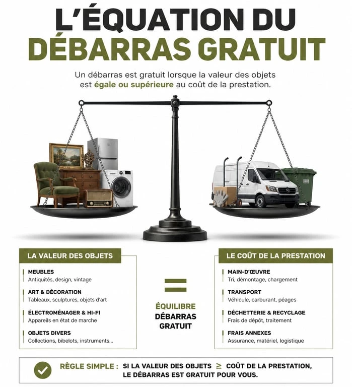 Infographie expliquant le fonctionnement du vide maison gratuit : équilibre entre valeur des objets et coût du service