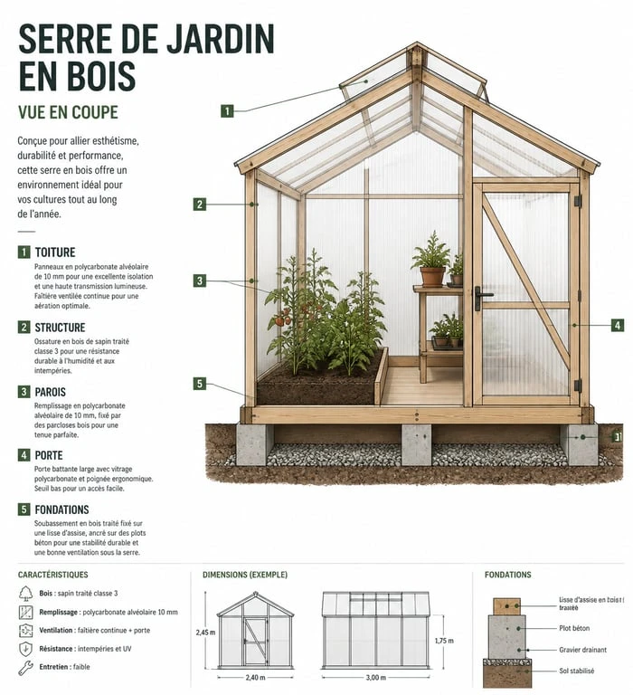 Schéma technique d'une serre en bois pour jardin