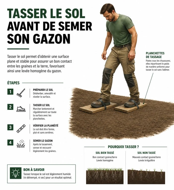 Technique de tassement du sol avec des planchettes pour semer son gazon sans rouleau
