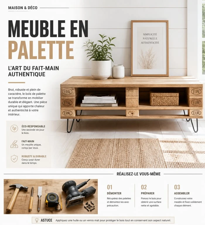 Meuble design fabriqué en palette de bois brut pour intérieur moderne